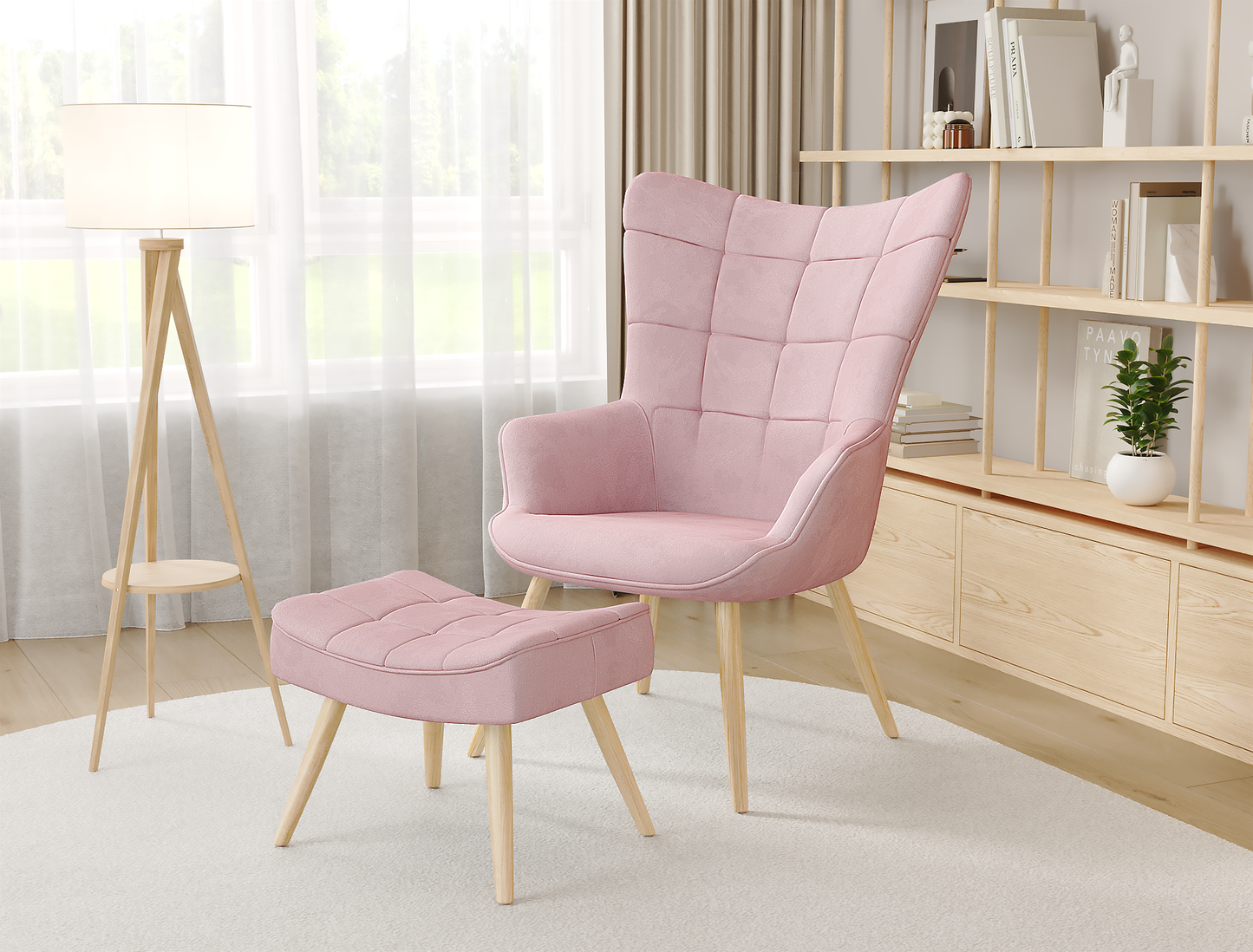 Victoria Pink Fabric Armchair with Footstool