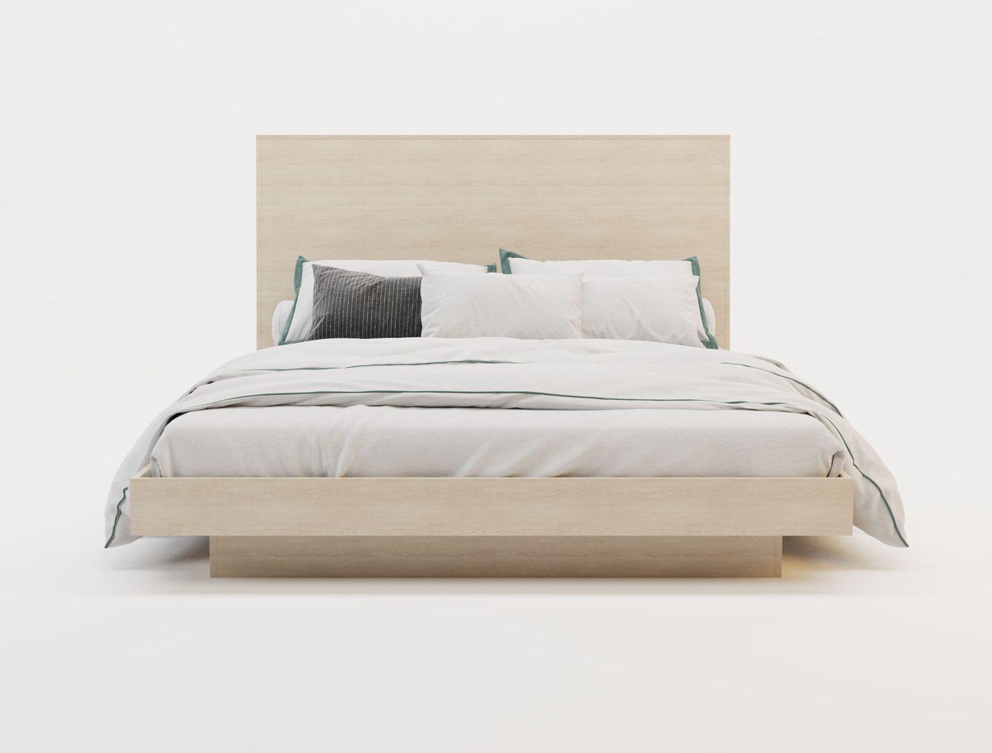front view of a king bed frame with pillows and sheet in a white background from Isaak