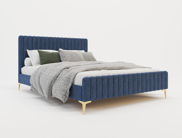 Astra Emily Blue Velvet Gold Legs King Single Bed Frame