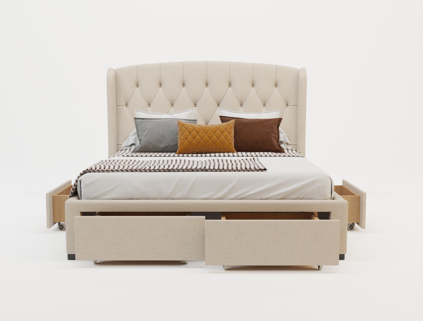 front view of a king bed frame with pillows and mattress in a white background from Isaak