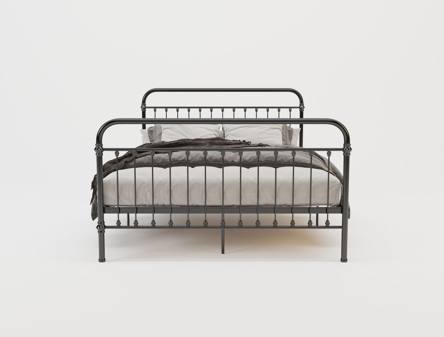 front view of a king bed frame with mattress and pillows in a white background from Isaak