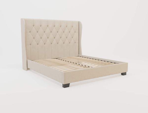 Harlow Beige White Oak Winged Fabric King Bed Frame