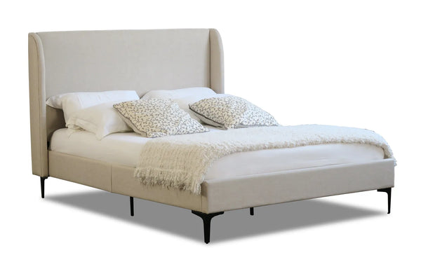 Zheng Beige White Oak Fabric Black Legs Bed Frame