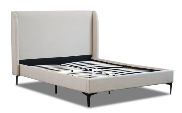 Zheng Beige White Oak Fabric Black Legs Bed Frame