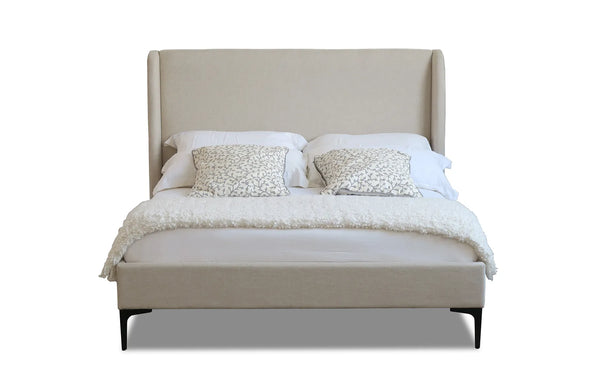 Zheng Beige White Oak Fabric Black Legs Bed Frame
