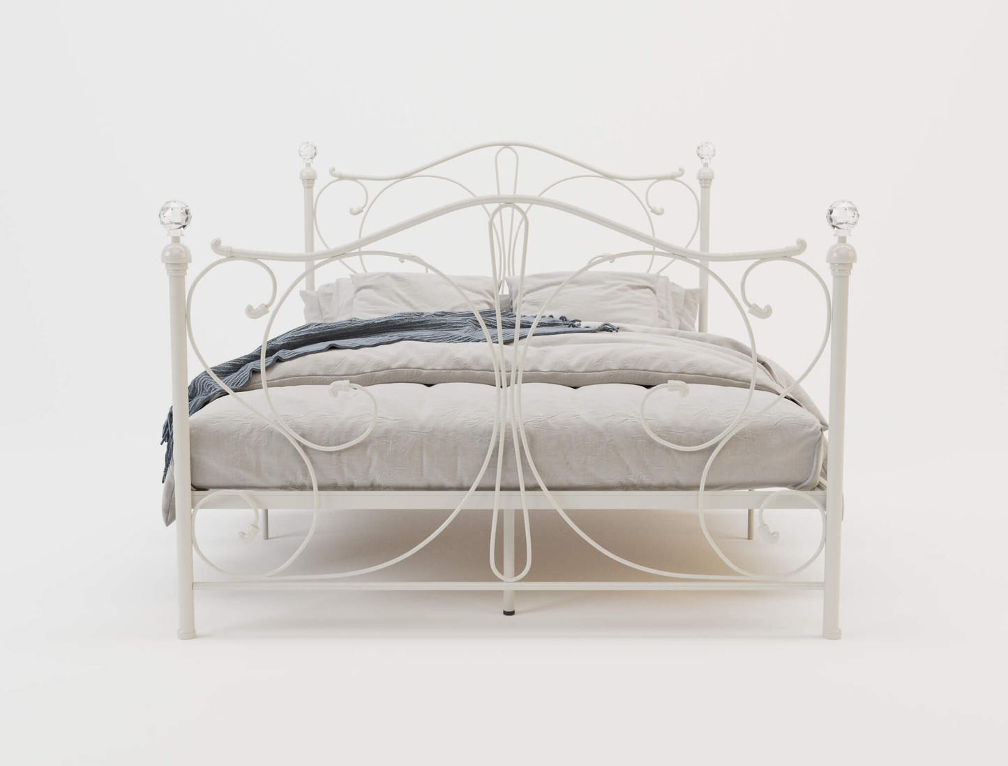 front view of a queen bed frame with mattress and pillows in a white background from Isaak
