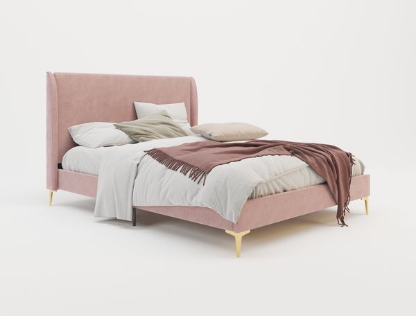 Zheng Pink Velvet Gold Legs Double Bed Frame