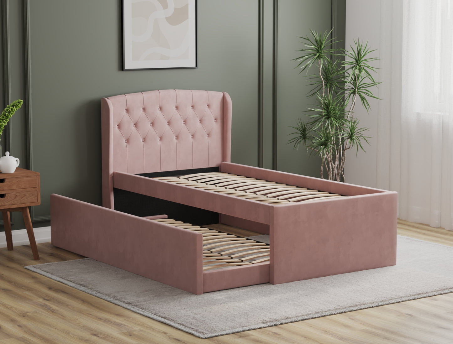 Jordanov Trundle Pink Velvet Bed Frame