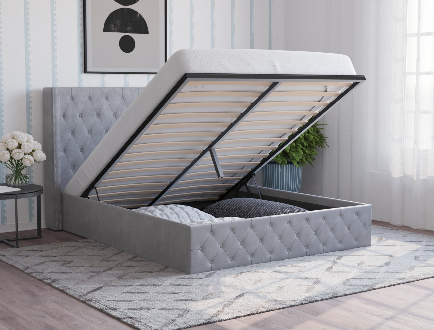 Kuiper Grey Velvet Gas Lift Bed Frame