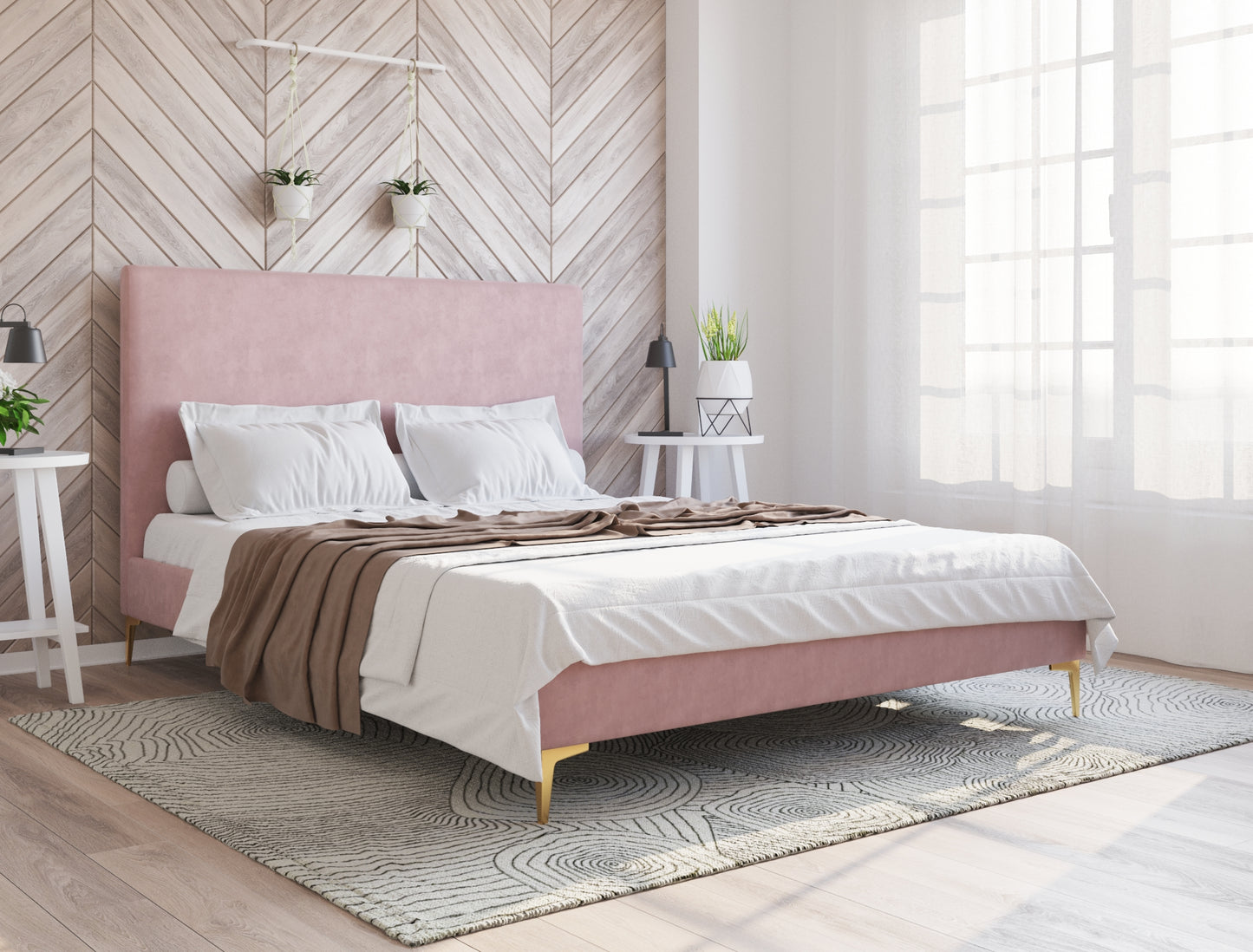 Rykkie Pink Velvet Gold Legs Bed Frame