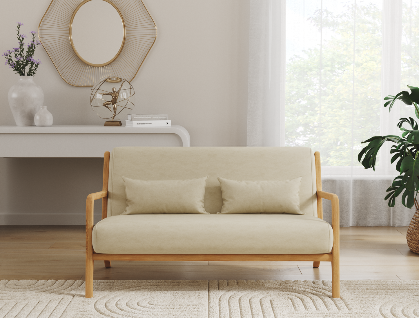 Houston 2-Seater Beige Wooden Sofa