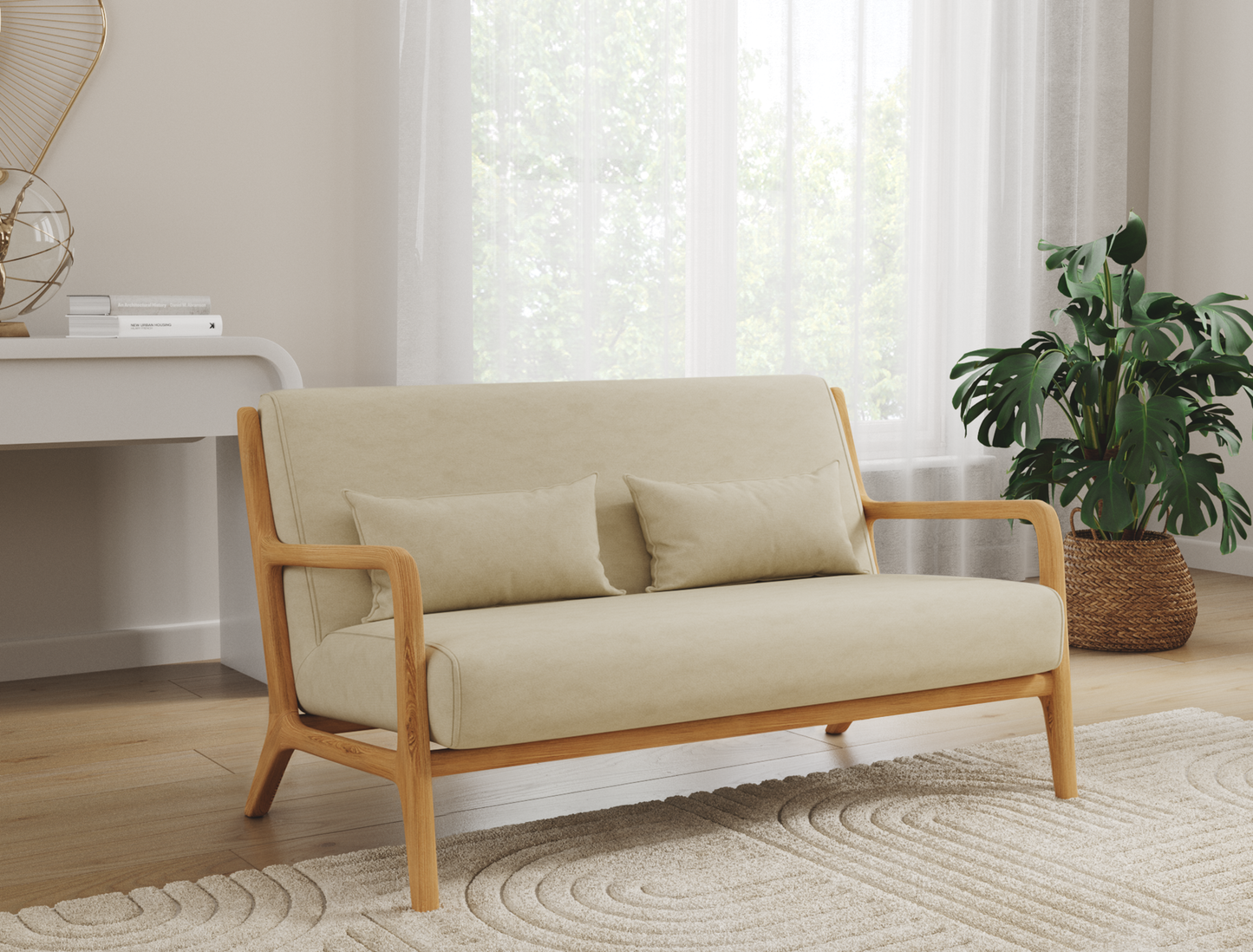 Houston 2-Seater Beige Wooden Sofa