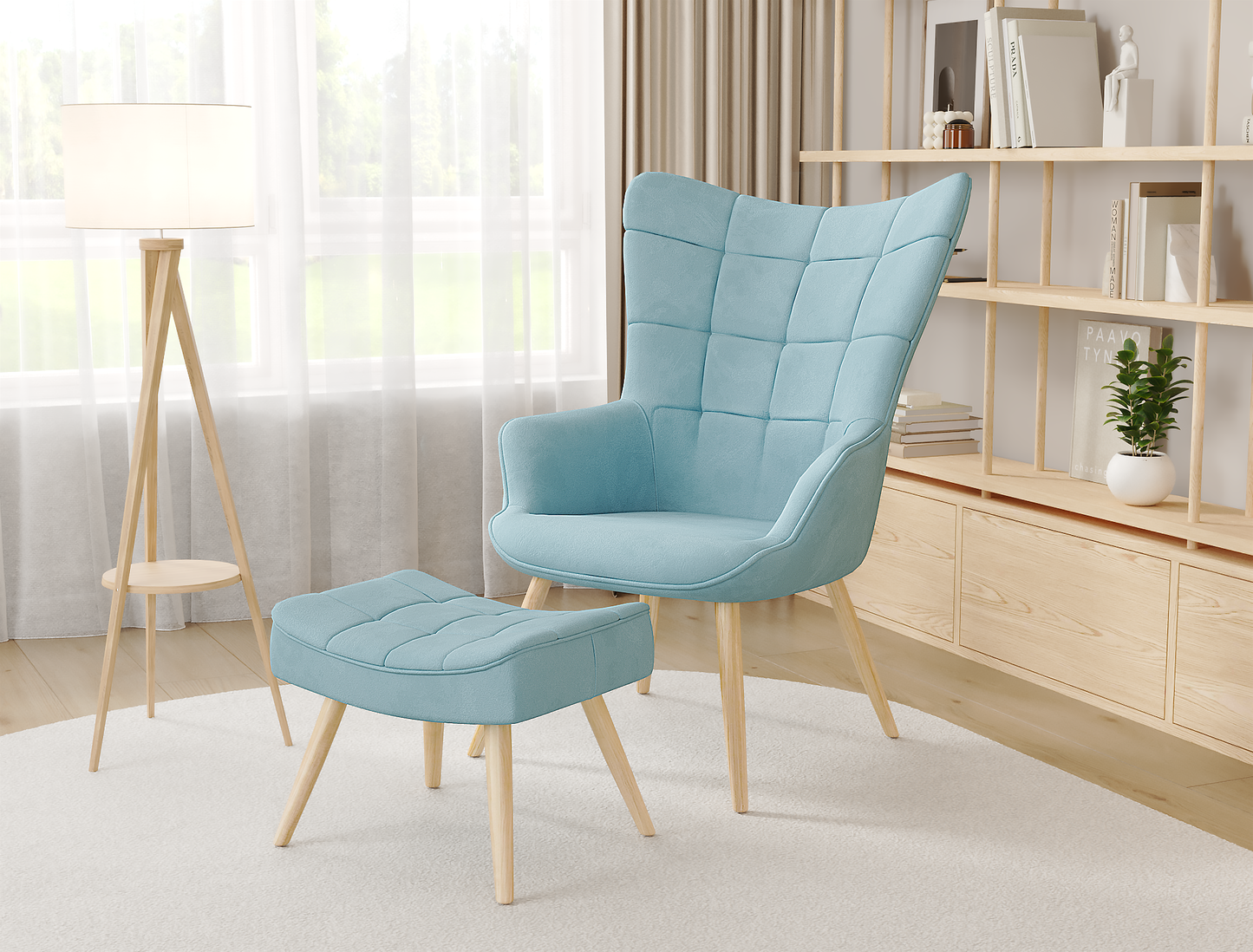 Victoria Blue Fabric Armchair with Footstool