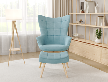 Victoria Blue Fabric Armchair with Footstool