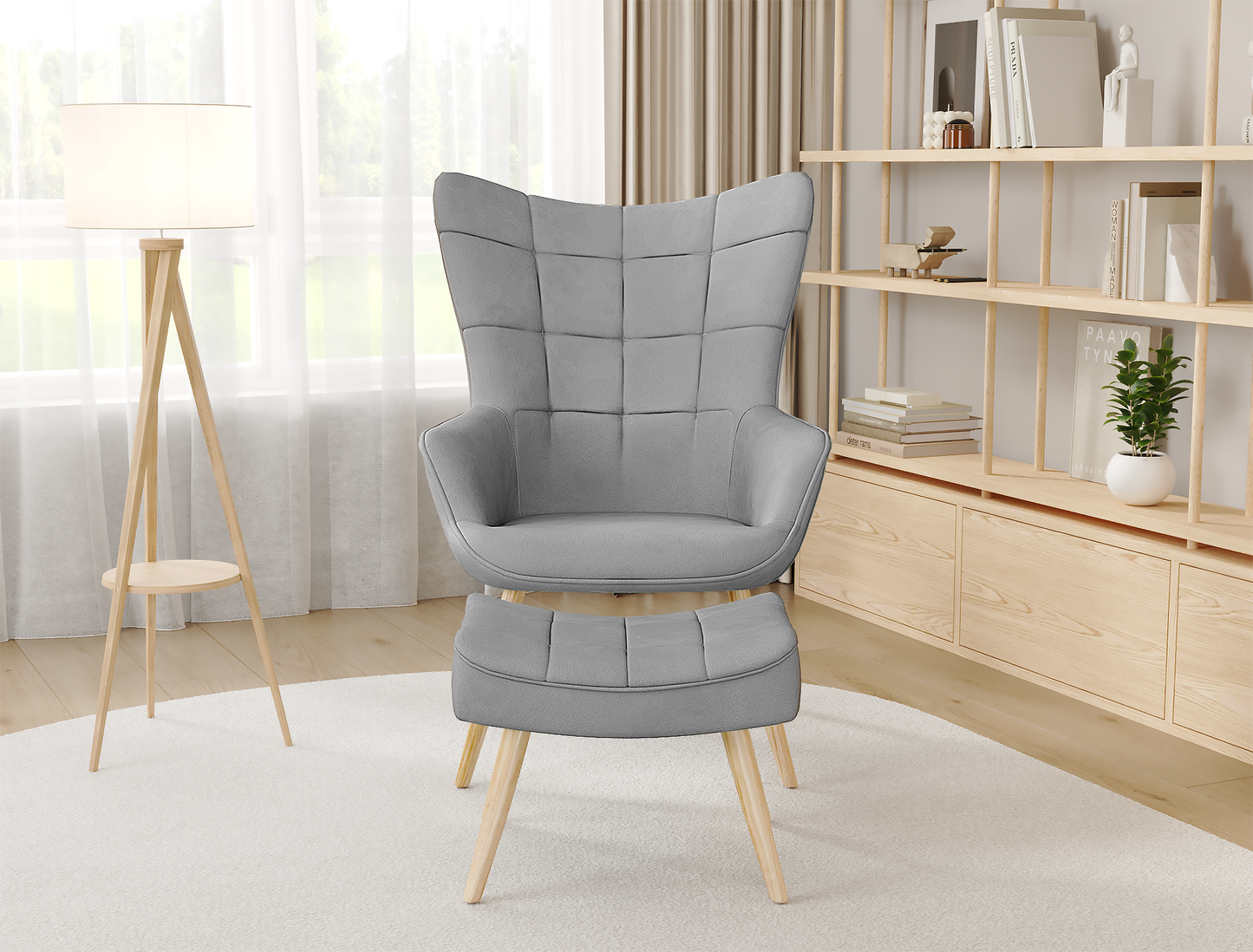 Victoria Grey Fabric Armchair with Footstool