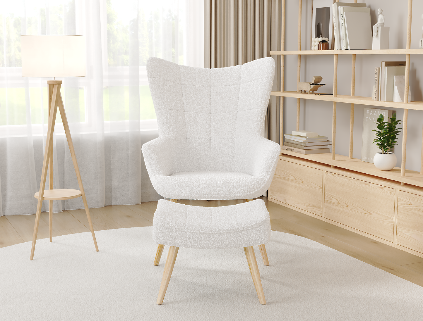 Victoria White Boucle Armchair with Footstool