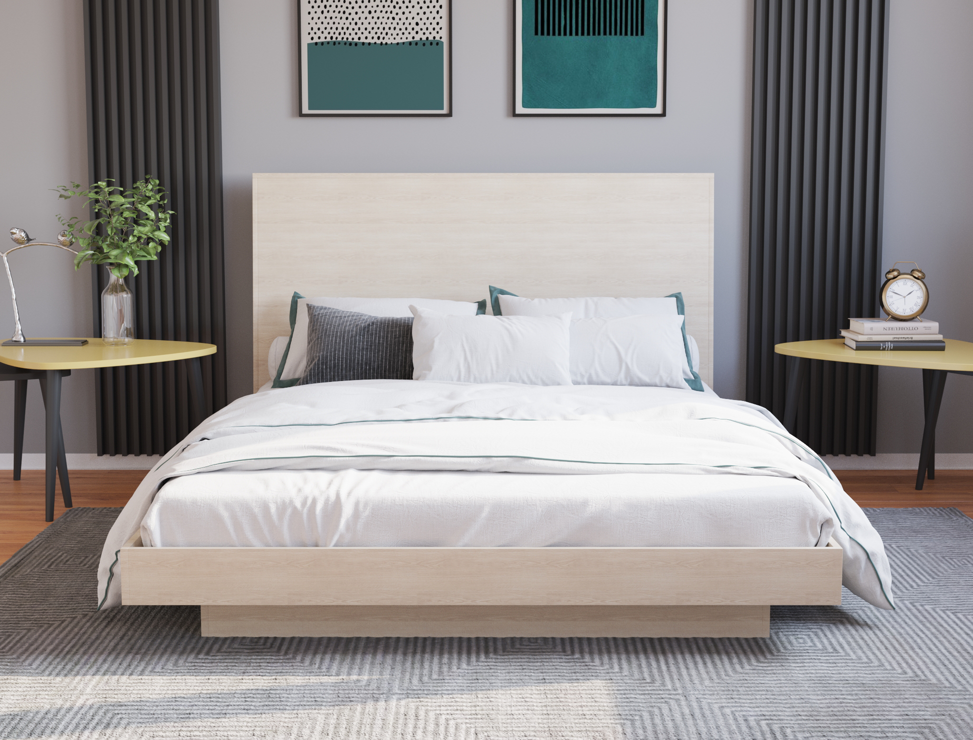 front view of a queen bed frame with pillows and sheet in a bedroom from Isaak