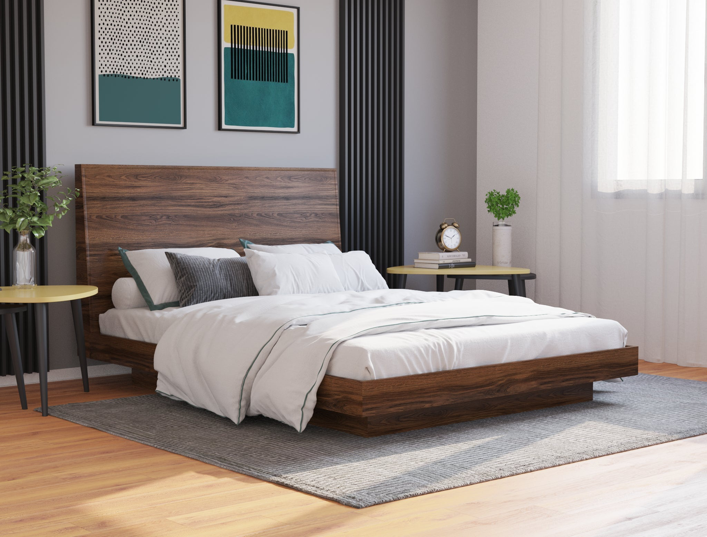 top view of a minimalist double bed frame with pillows and mattress in a bedroom from Isaak