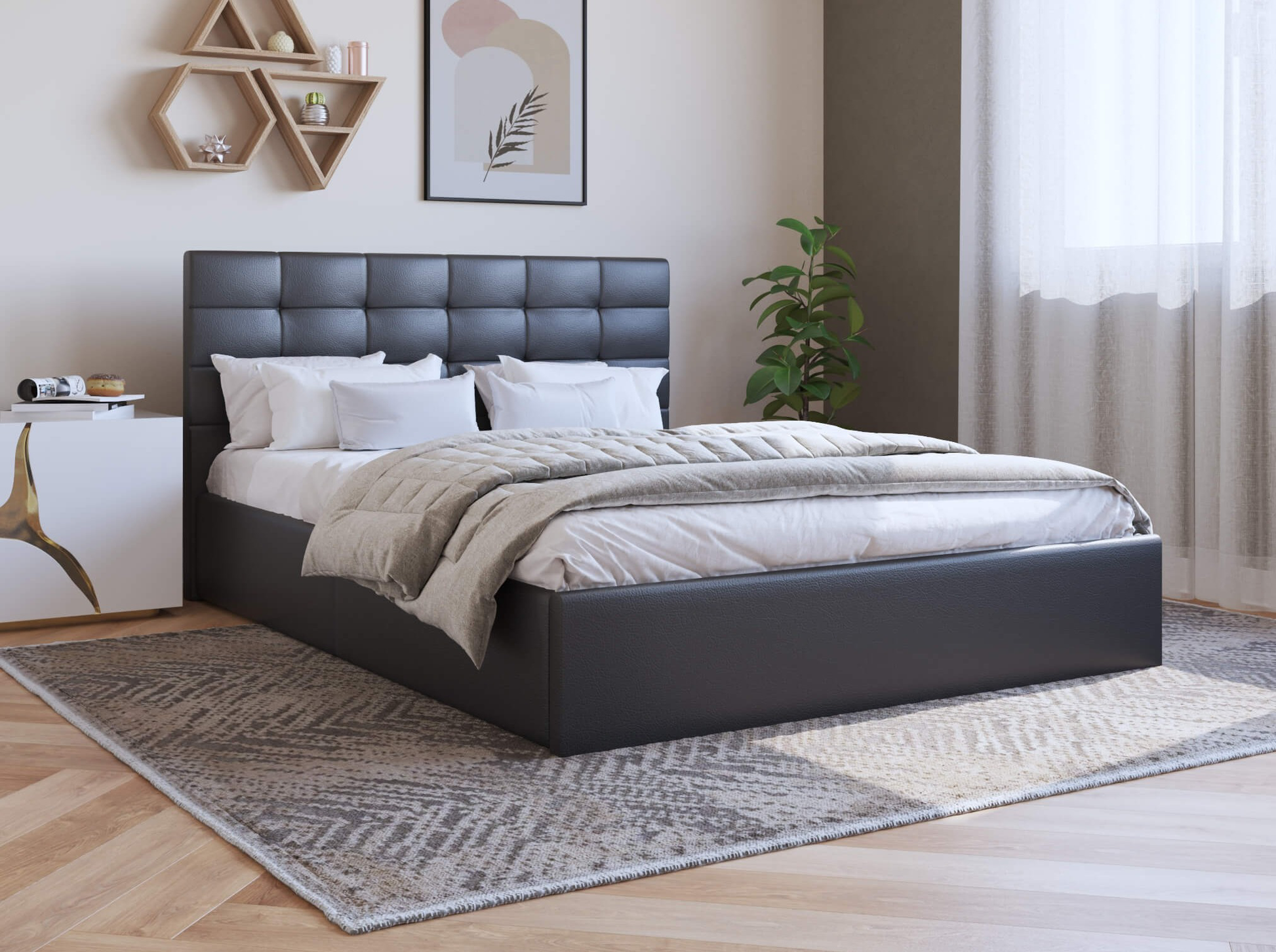 top view of a double bed frame with mattress and pillows in a bedroom from Isaak