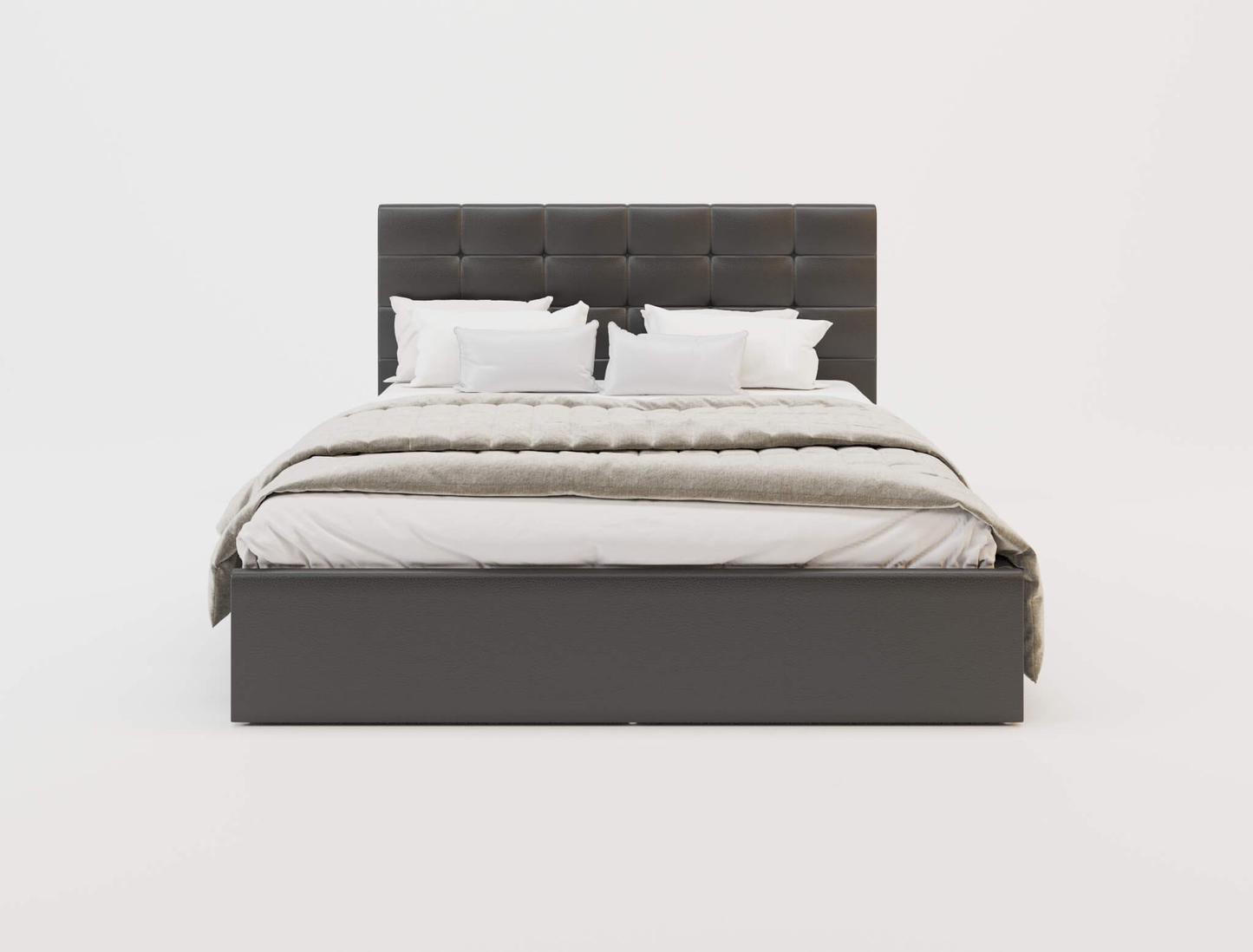 front view of a double bed frame with mattress and pillows in a white background from Isaak