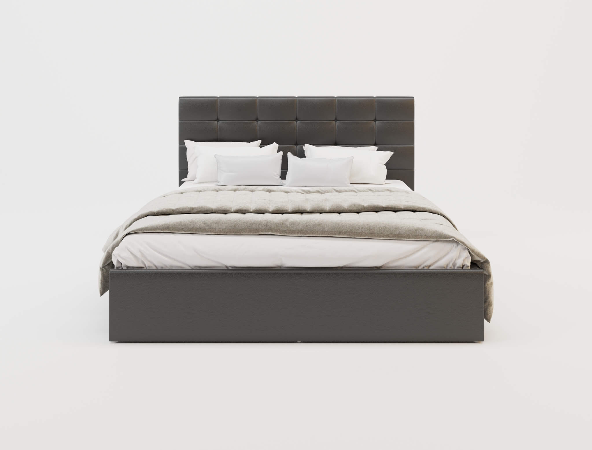 front view of a king bed frame with mattress and pillows in a white background from Isaak