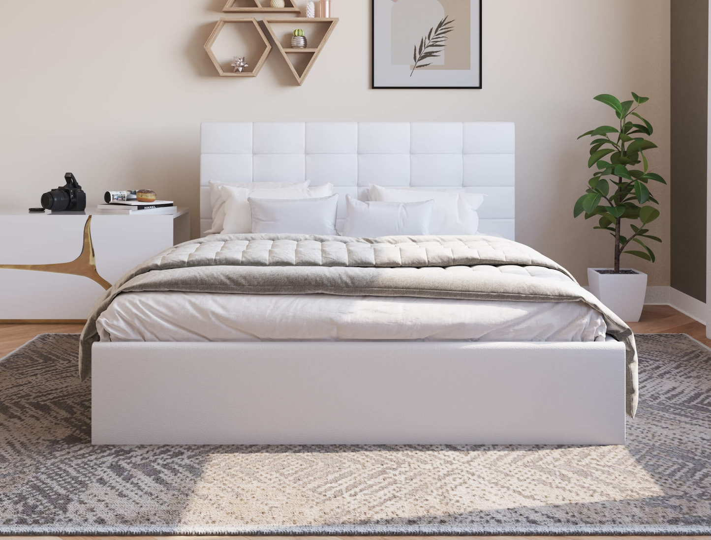 front view of a double bed frame with mattress and pillows in a bedroom from Isaak