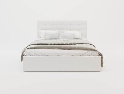 front view of a double bed frame with mattress and pillows in a white background from Isaak