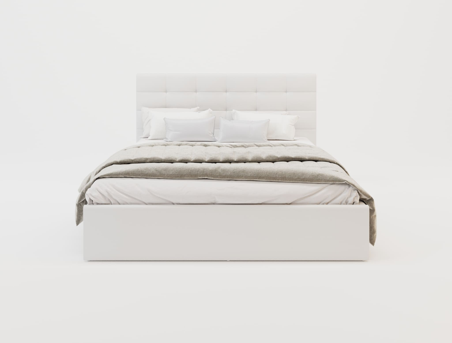 front view of a king bed frame with mattress and pillows in a white background from Isaak