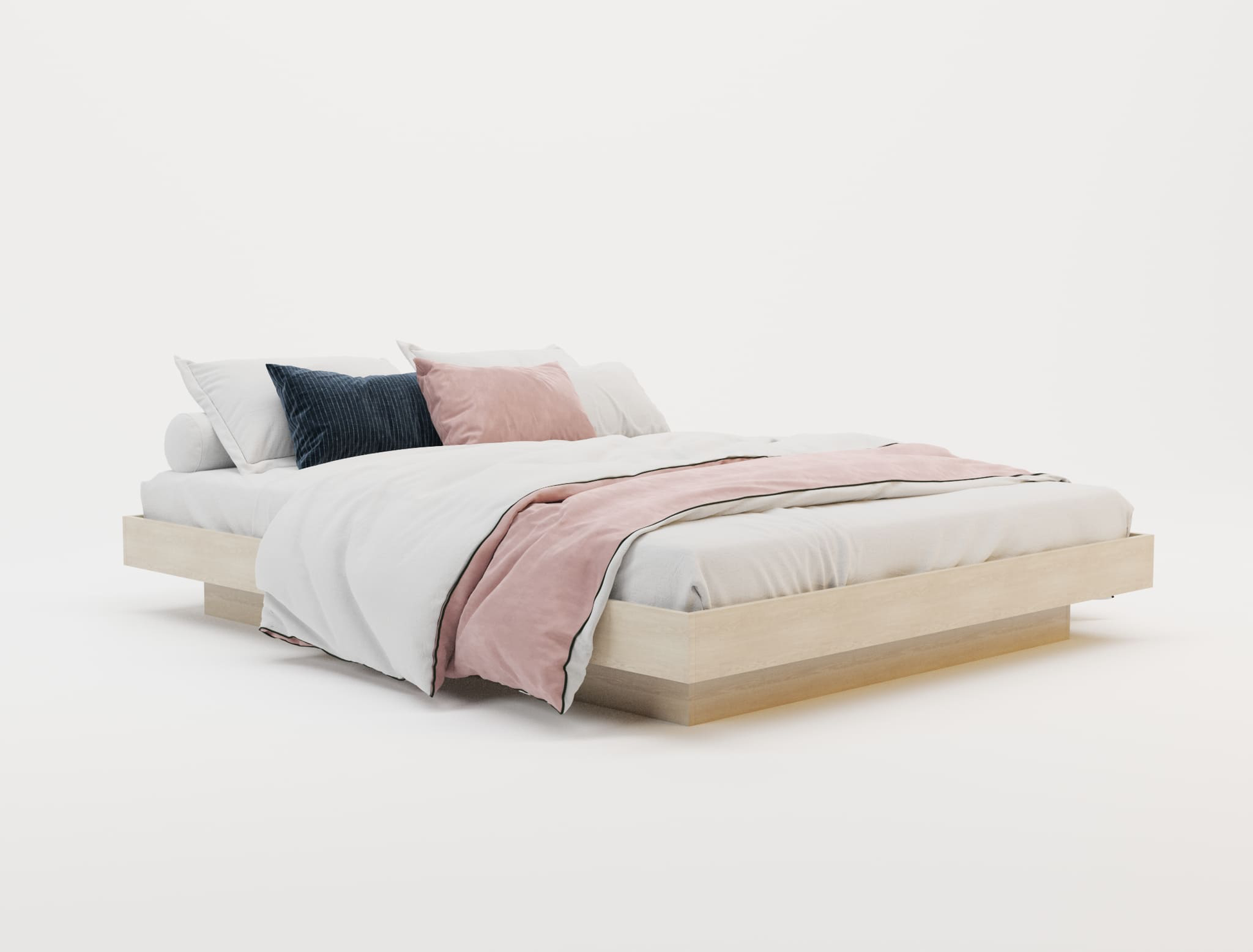 top view of a double bed frame with pillows and mattress in a white background from Isaak