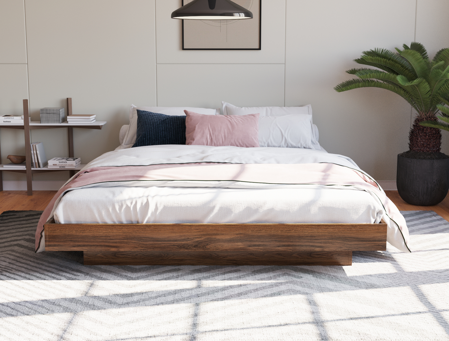 front view of a double bed frame with pillows and mattress in a bedroom from Isaak