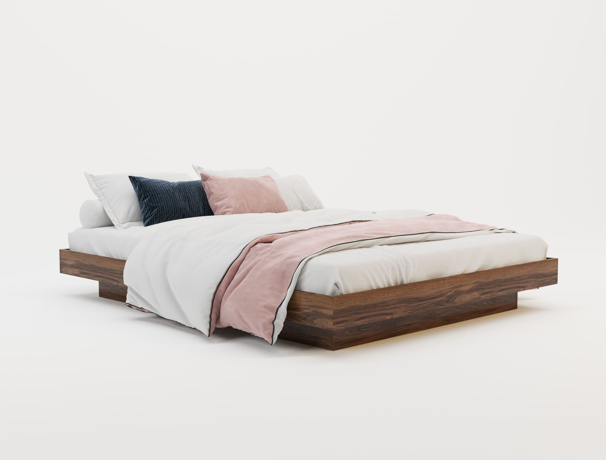 top view of a king single bed frame with pillows and mattress in a white background from Isaak