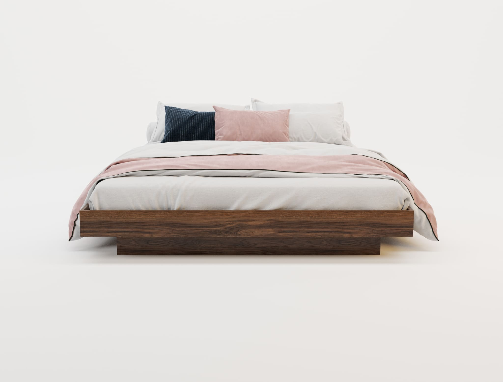 front view of a queen bed frame with pillows and mattress in a white background from Isaak