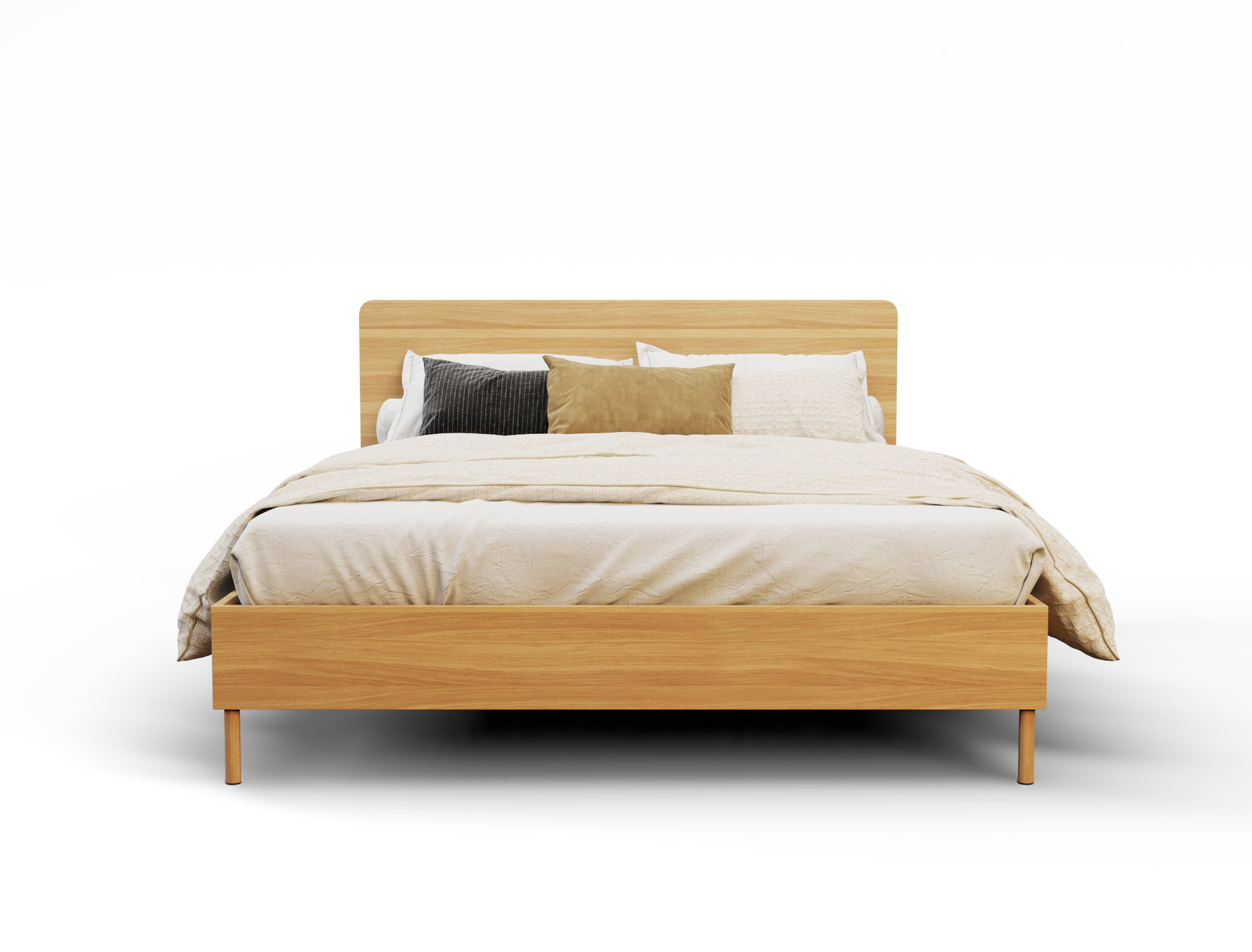 front view of a king bed frame with mattress and pillows in a white background from Isaak