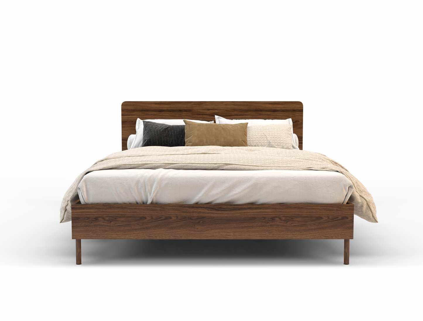 front view of a double bed frame with mattress and pillows in a white background from Isaak