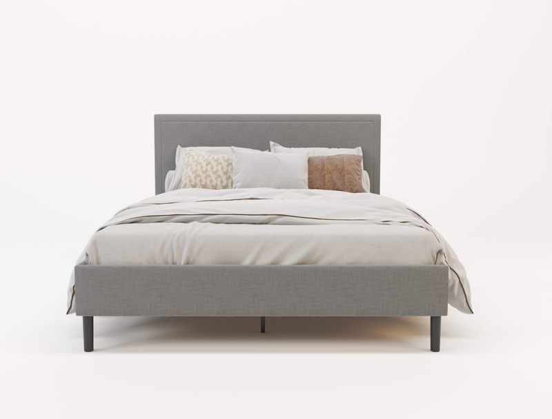 front view of a double bed frame with mattress and pillows in a white background from Isaak