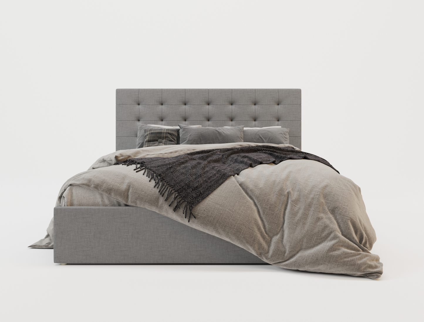 front view of a king bed frame with mattress and pillows in a white background from Isaak