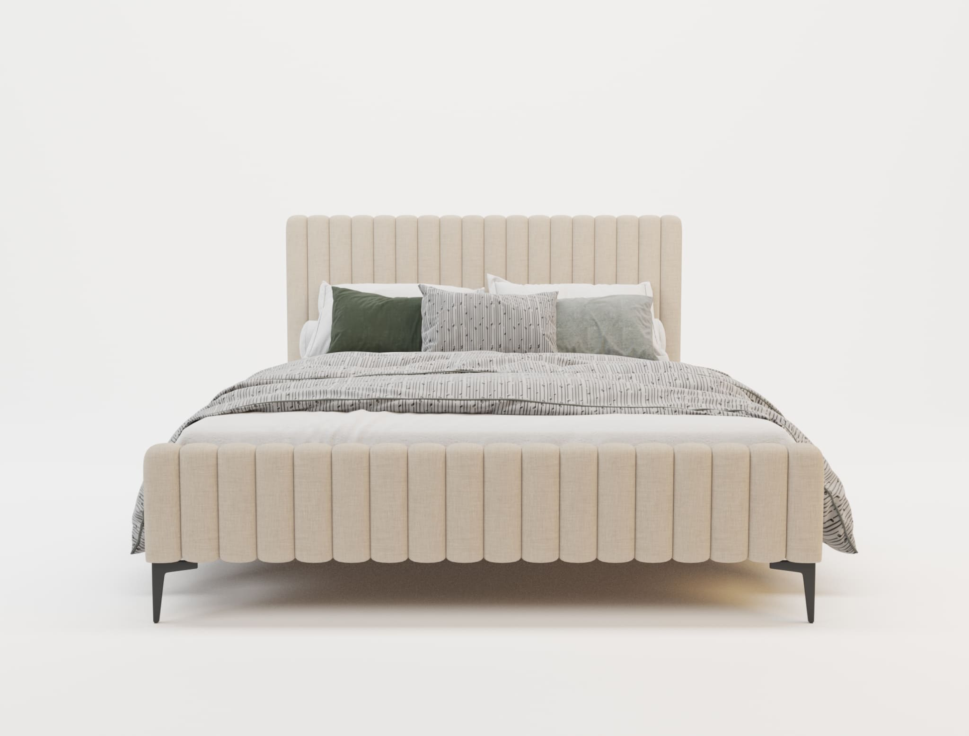 front view of a double bed frame with mattress and pillows in a white background from Isaak