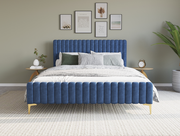 Astra Emily Blue Velvet Gold Legs Double Bed Frame