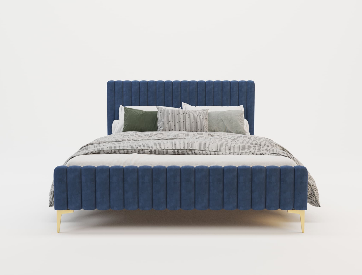 front view of a double bed frame with mattress and pillows in a white background from Isaak