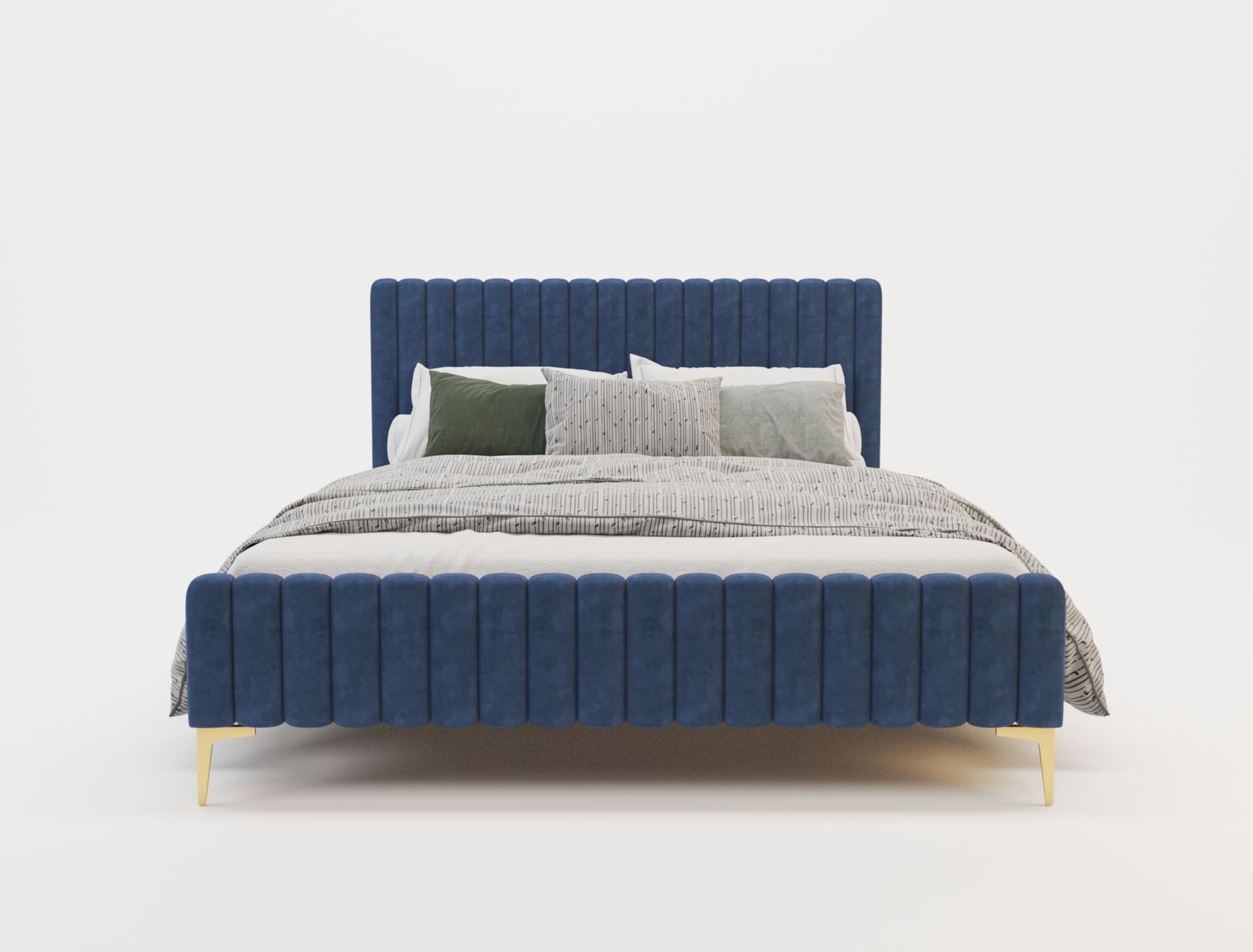 front view of a double bed frame with mattress and pillows in a white background from Isaak