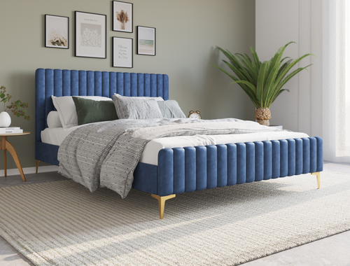 Astra Emily Blue Velvet Gold Legs King Single Bed Frame