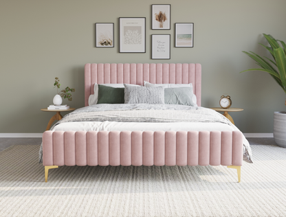 front view of a double bed frame with mattress and pillows in a bedroom from Isaak