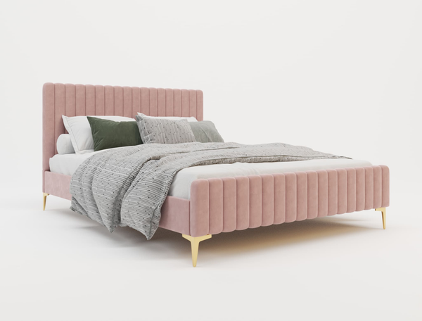 Astra Emily Pink Velvet Gold Legs Double Bed Frame