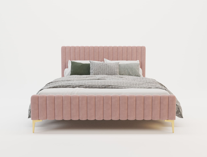 front view of a double bed frame with mattress and pillows in a white background from Isaak