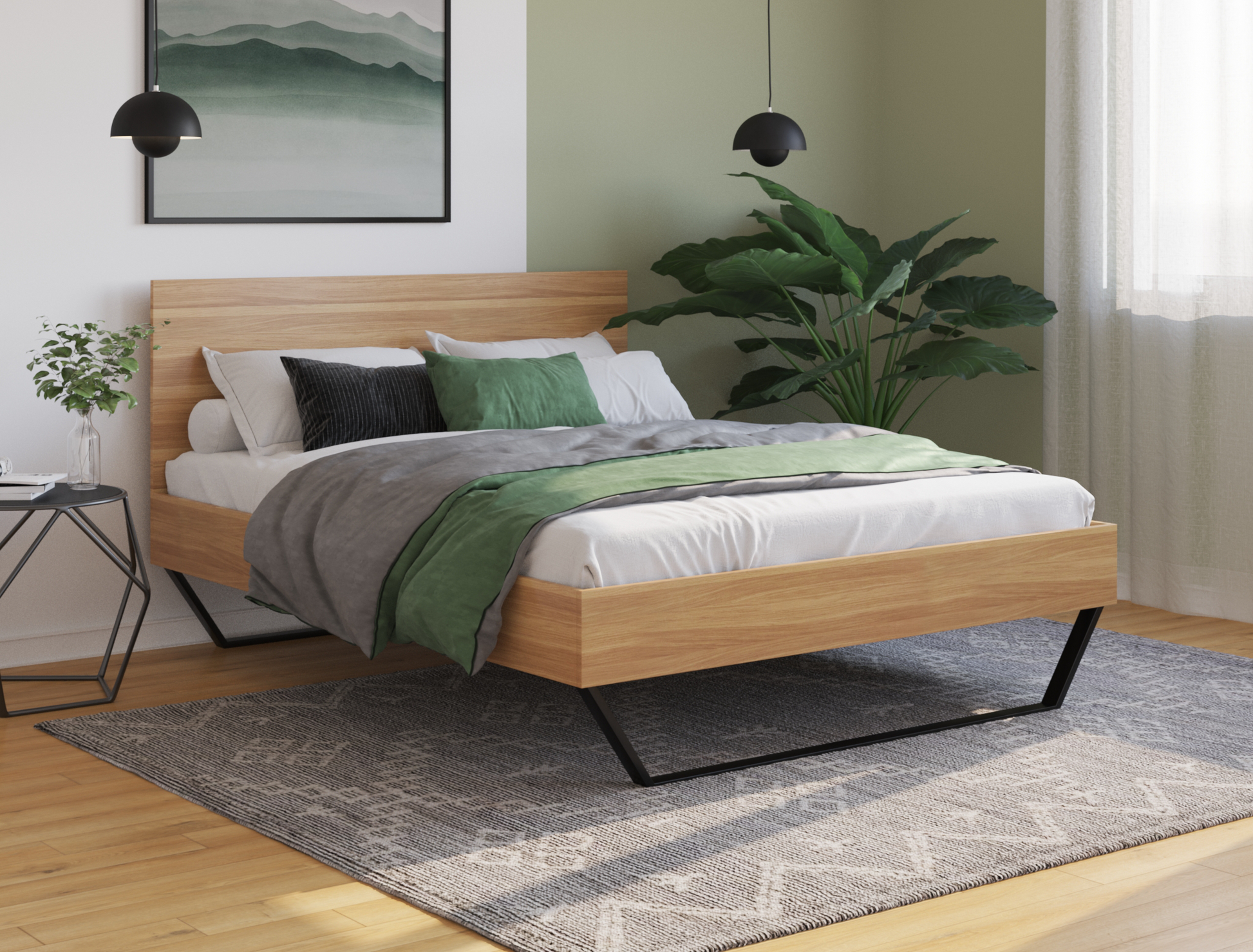 top view of a double bed frame with mattress and pillows in a bedroom from Isaak