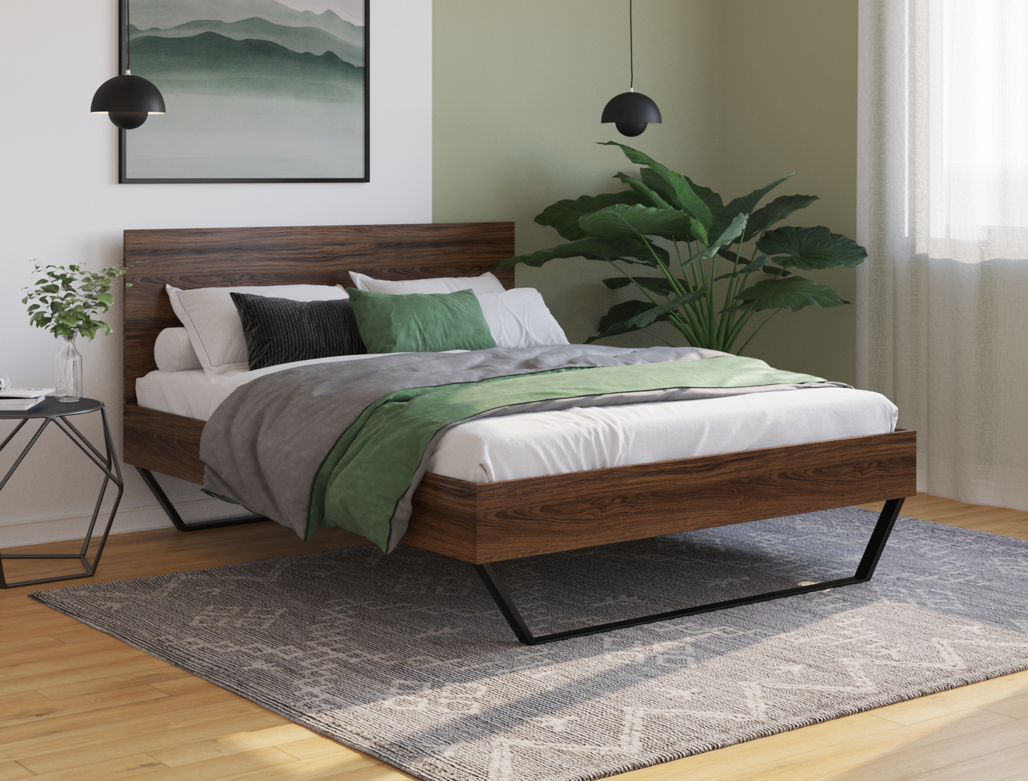 top view of a double bed frame with mattress and pillows in a bedroom from Isaak