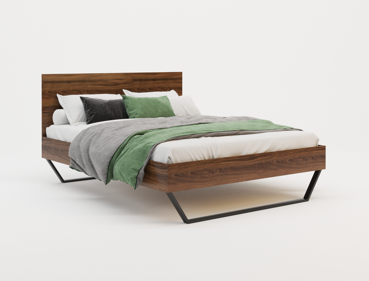 top view of a double bed frame with mattress and pillows in a white background from Isaak