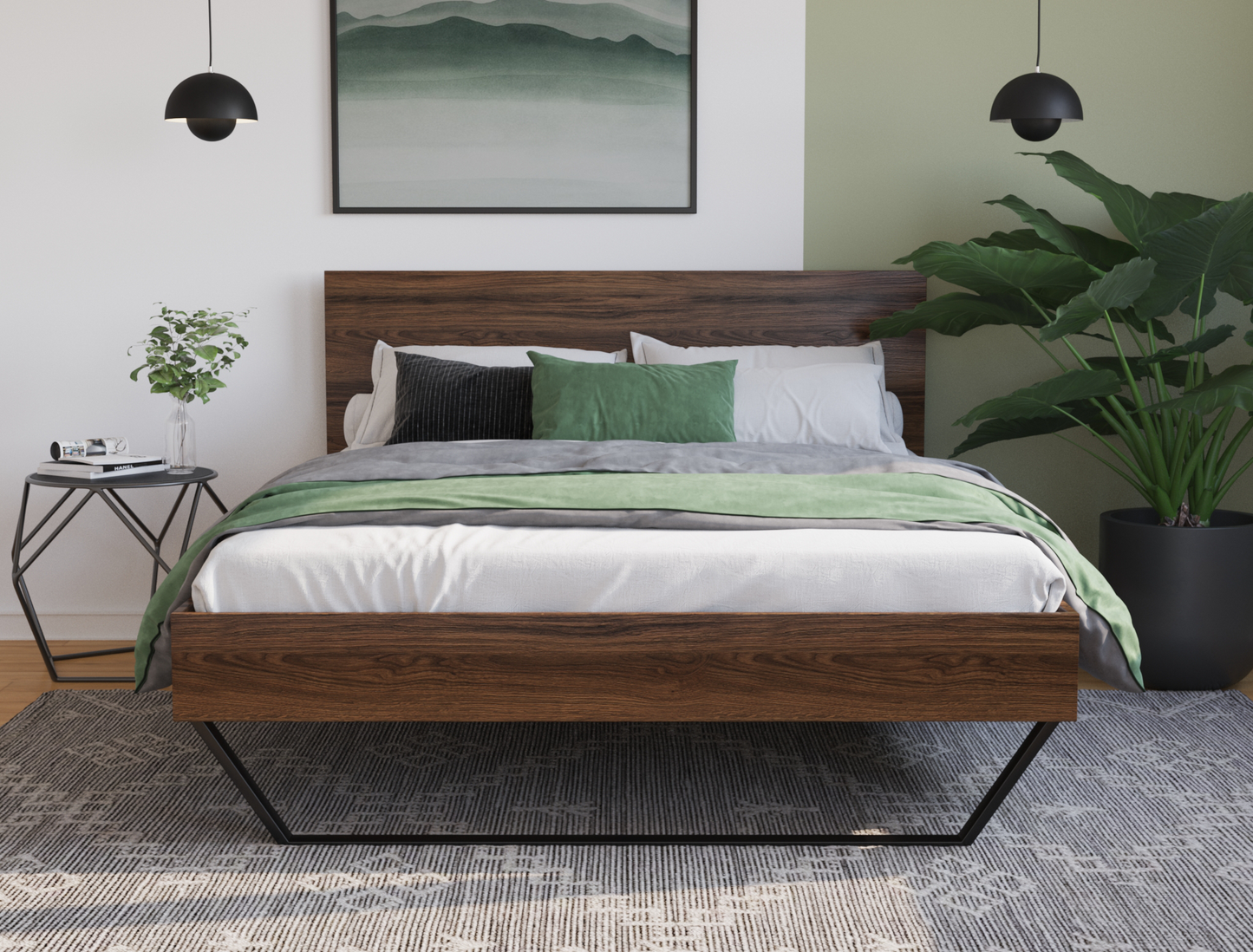 front view of a king bed frame with mattress and pillows in a bedroom from Isaak