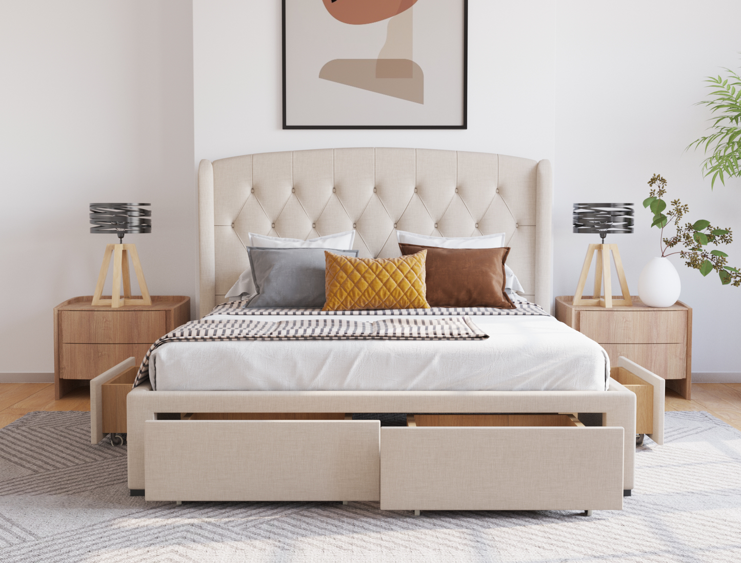 front view of a double bed frame with pillows and mattress in a bedroom from Isaak