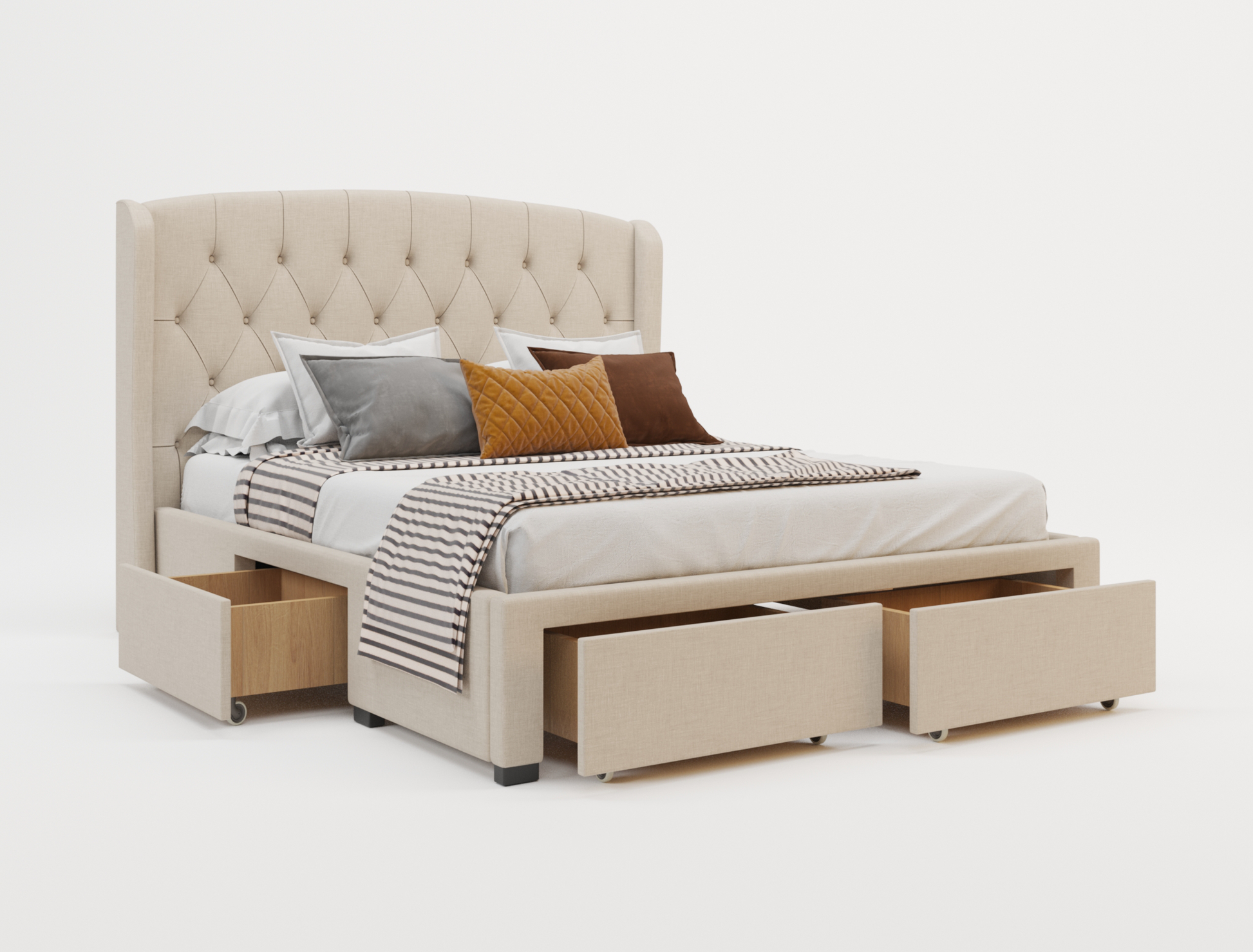 top view of a double bed frame with pillows and mattress in a white background from Isaak